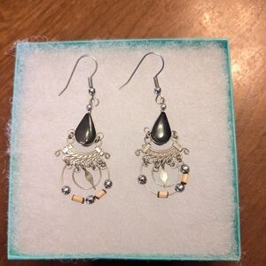 Peruvian Bamboo Silver Tone & Obsidian Dangle Earrings